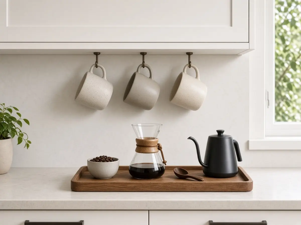 Three ceramic mugs hanging from hooks under a kitchen cabinet above a coffee tray