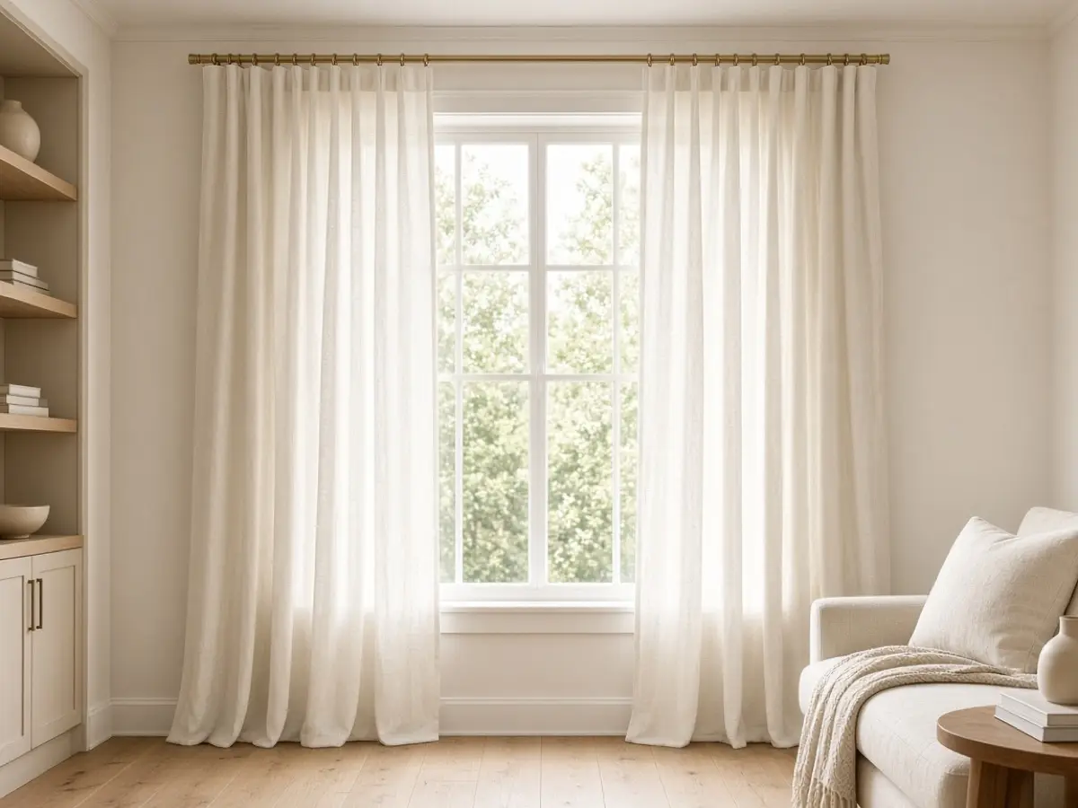 Ivory curtains hung close to the ceiling above a living room window