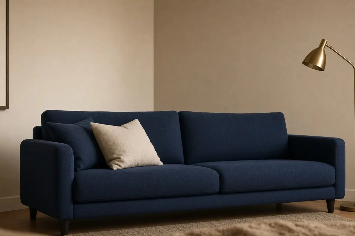 Ink blue sofa against warm beige walls with brass lamp