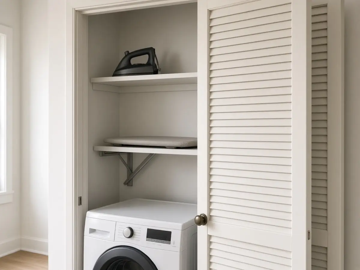 A tabletop ironing board stored flat behind a laundry door, iron on the shelf