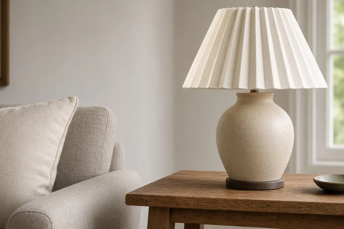 Pleated linen lampshade on a simple ceramic lamp