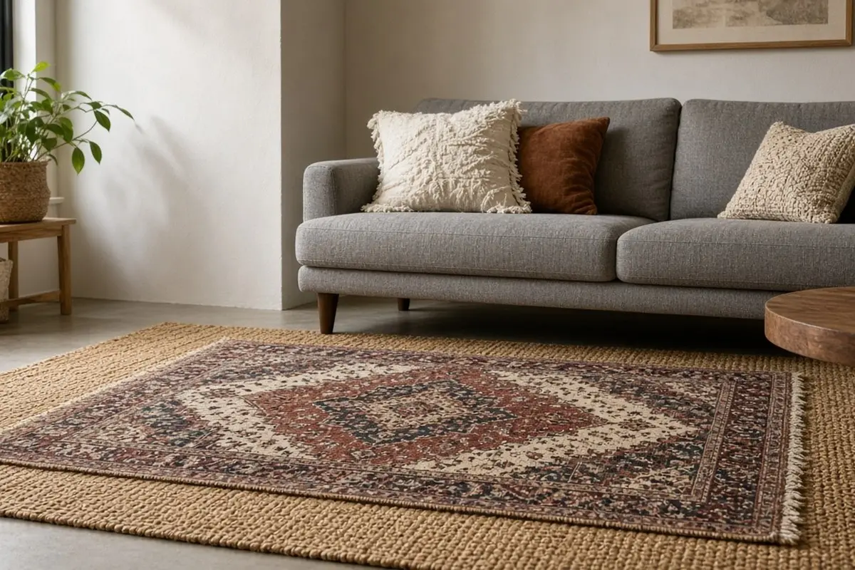 Jute rug layered under a smaller patterned rug in front of a gray sofa