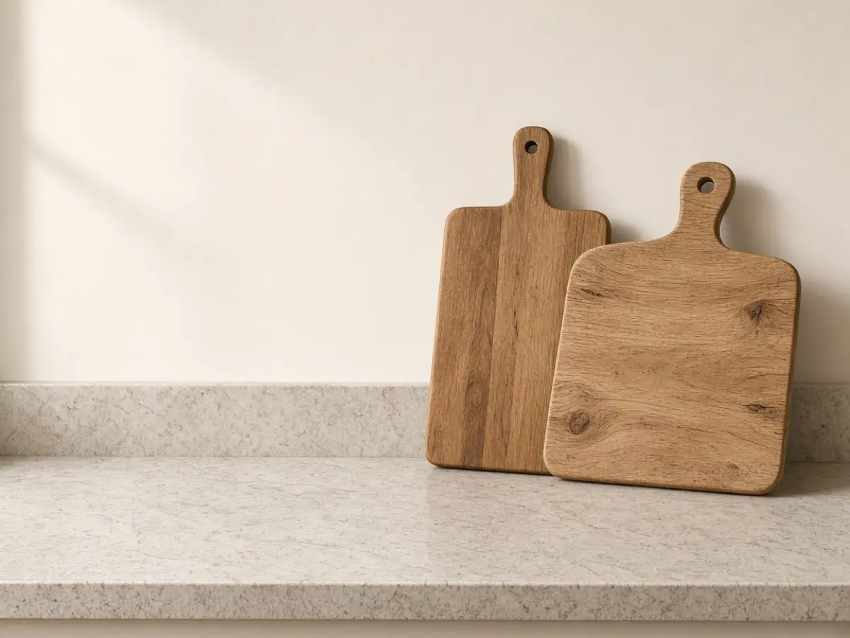Two wood cutting boards leaning against a kitchen wall on a clear stone counter