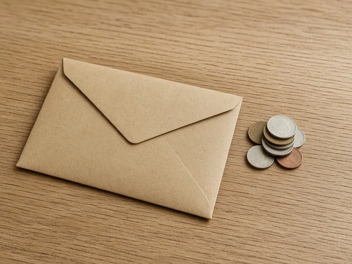 A plain envelope and a few coins left on a wood table