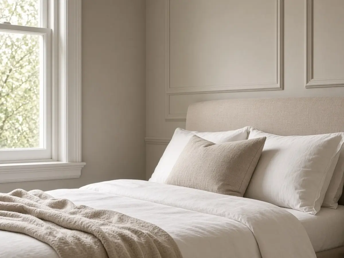 Bedroom trim painted a step lighter than the warm wall color