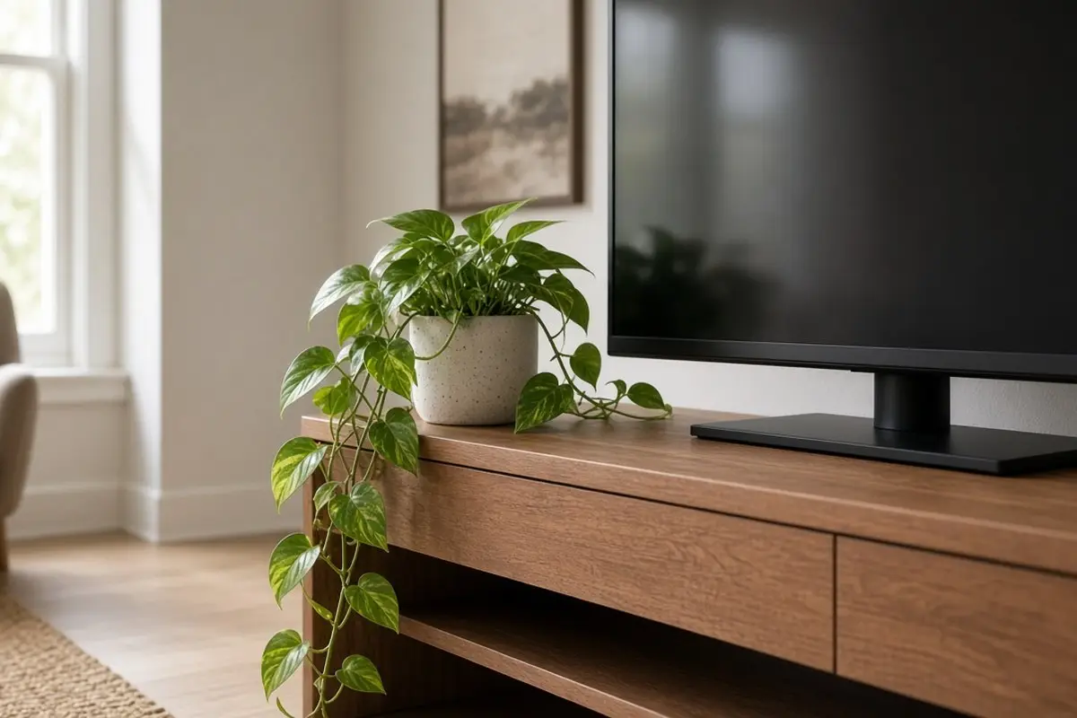 Trailing pothos spilling over the edge of a TV stand