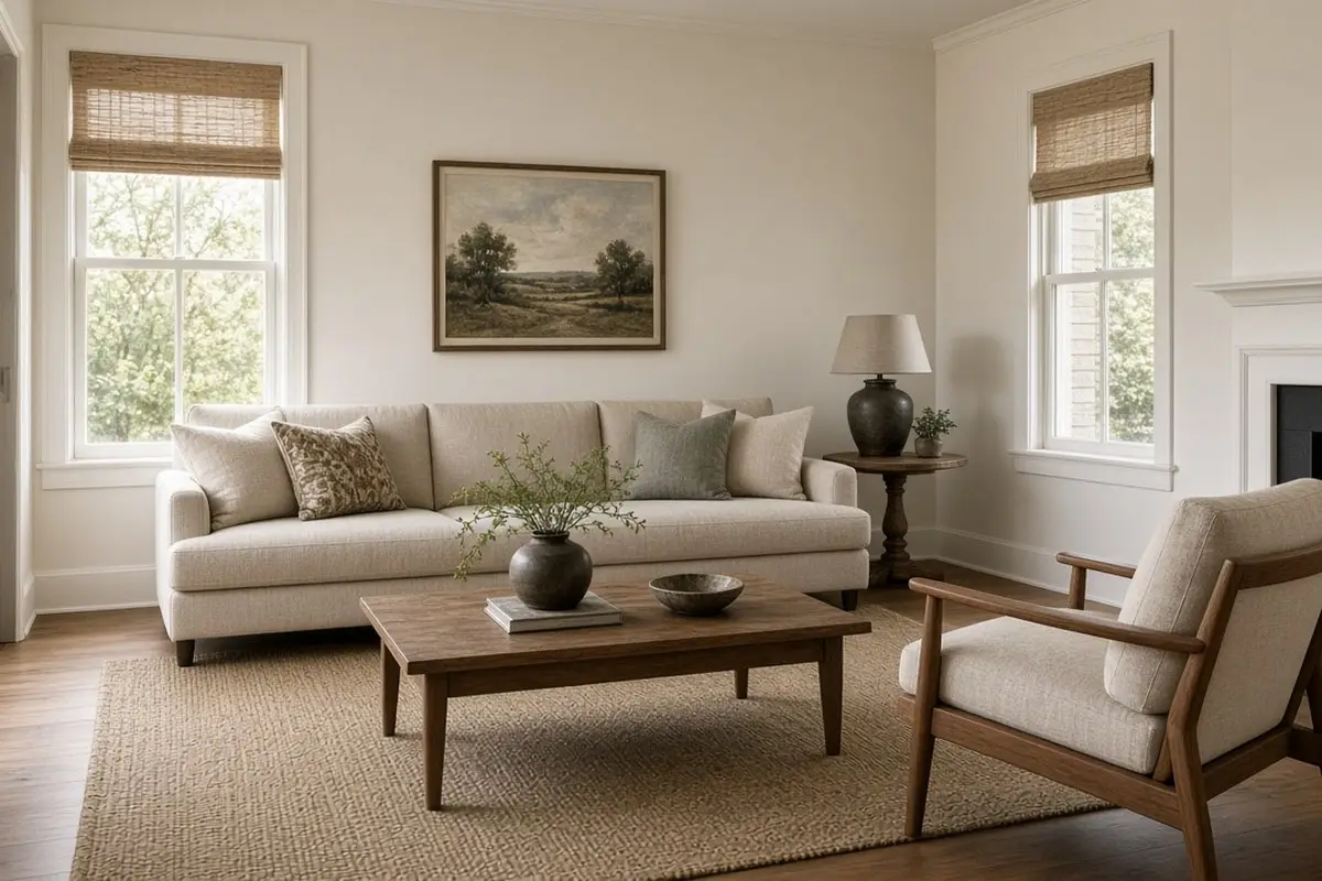 Sofa on a long wall with a single armchair facing it at an angle