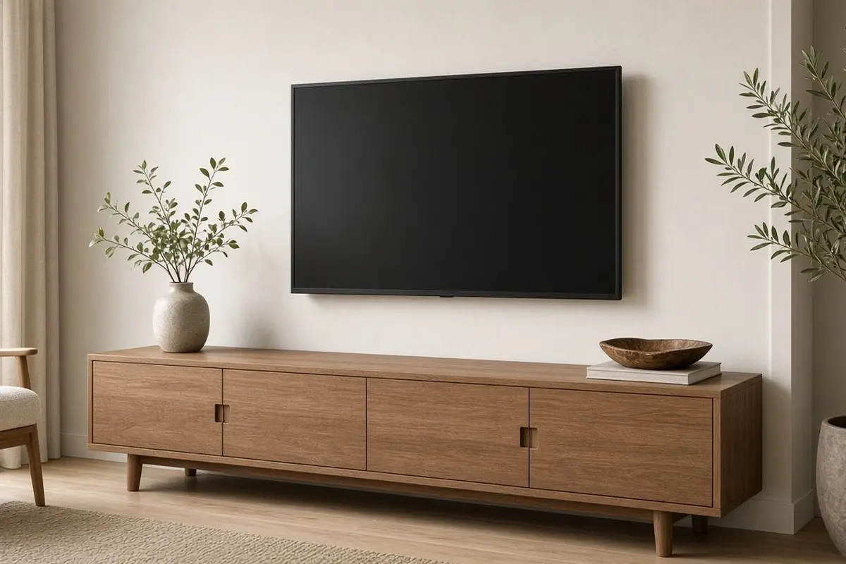 Low wide oak media console under a TV with closed doors