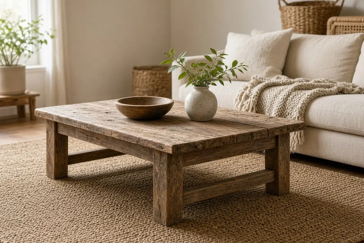 Low reclaimed wood coffee table on a jute rug