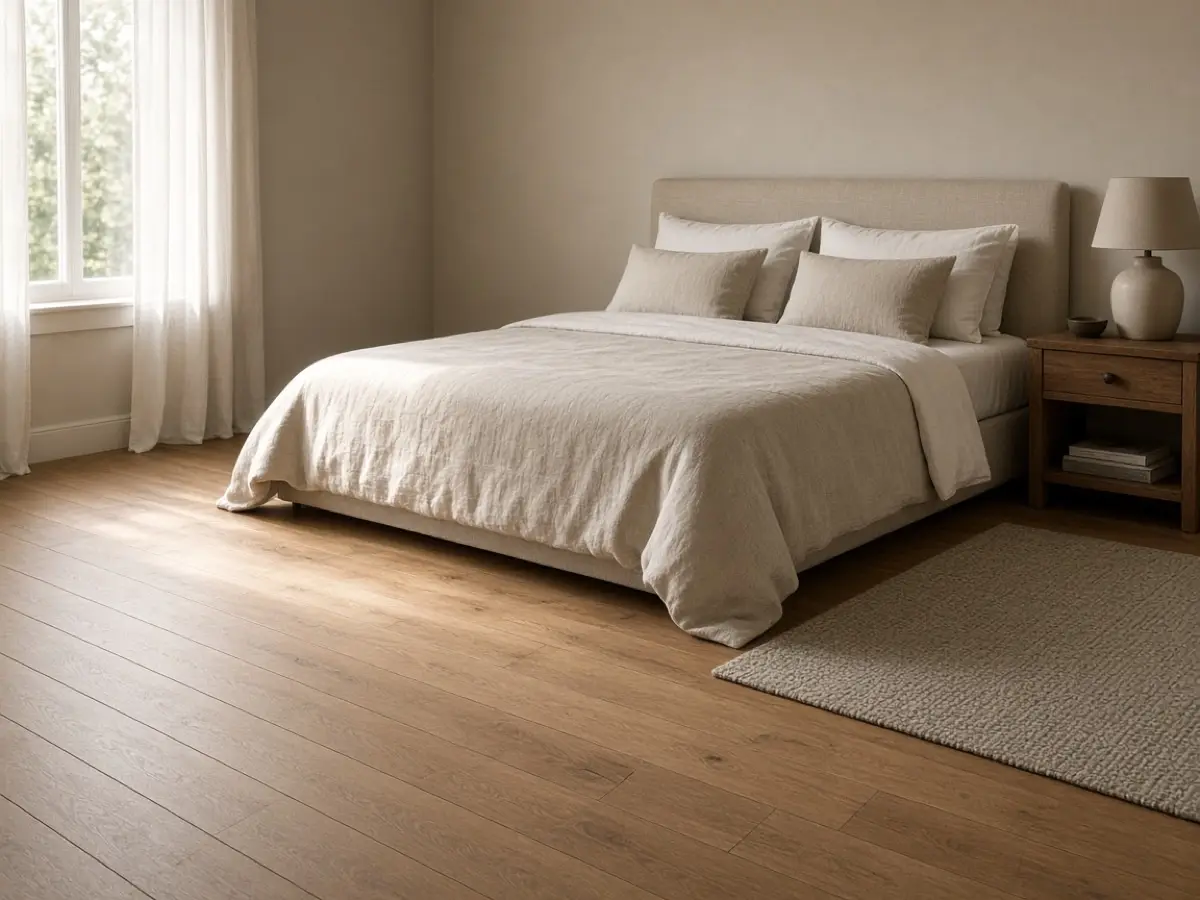 An empty floor at the foot of a guest bed, ready for a suitcase
