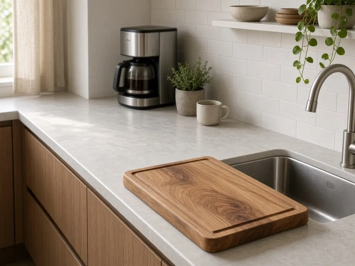 A compact coffee maker far from the sink, with a clear cutting board nearby