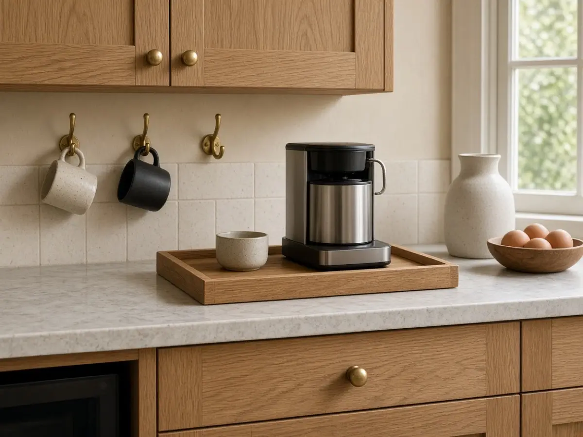 Brass mug hooks and an oak tray that match the rest of a warm kitchen