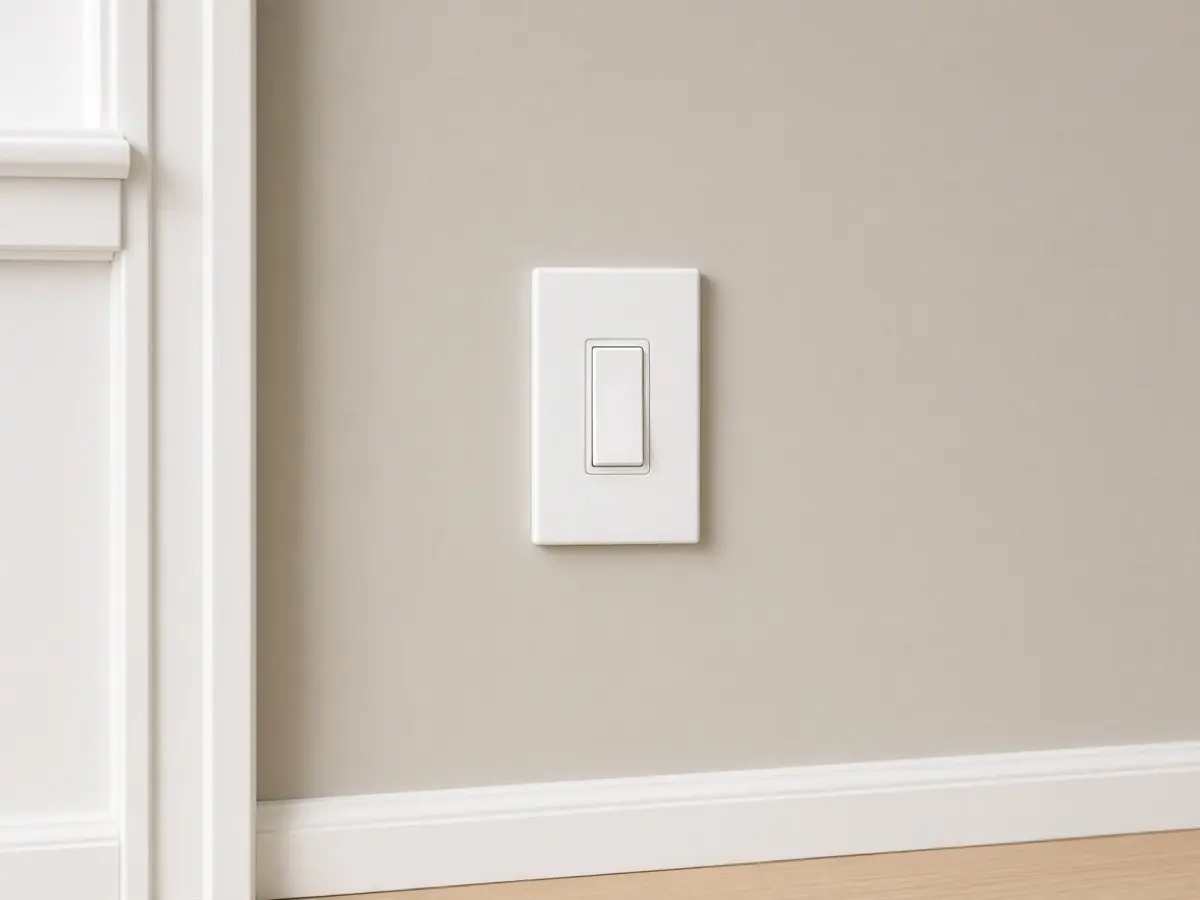 A white switch plate matching freshly painted trim on a living room wall