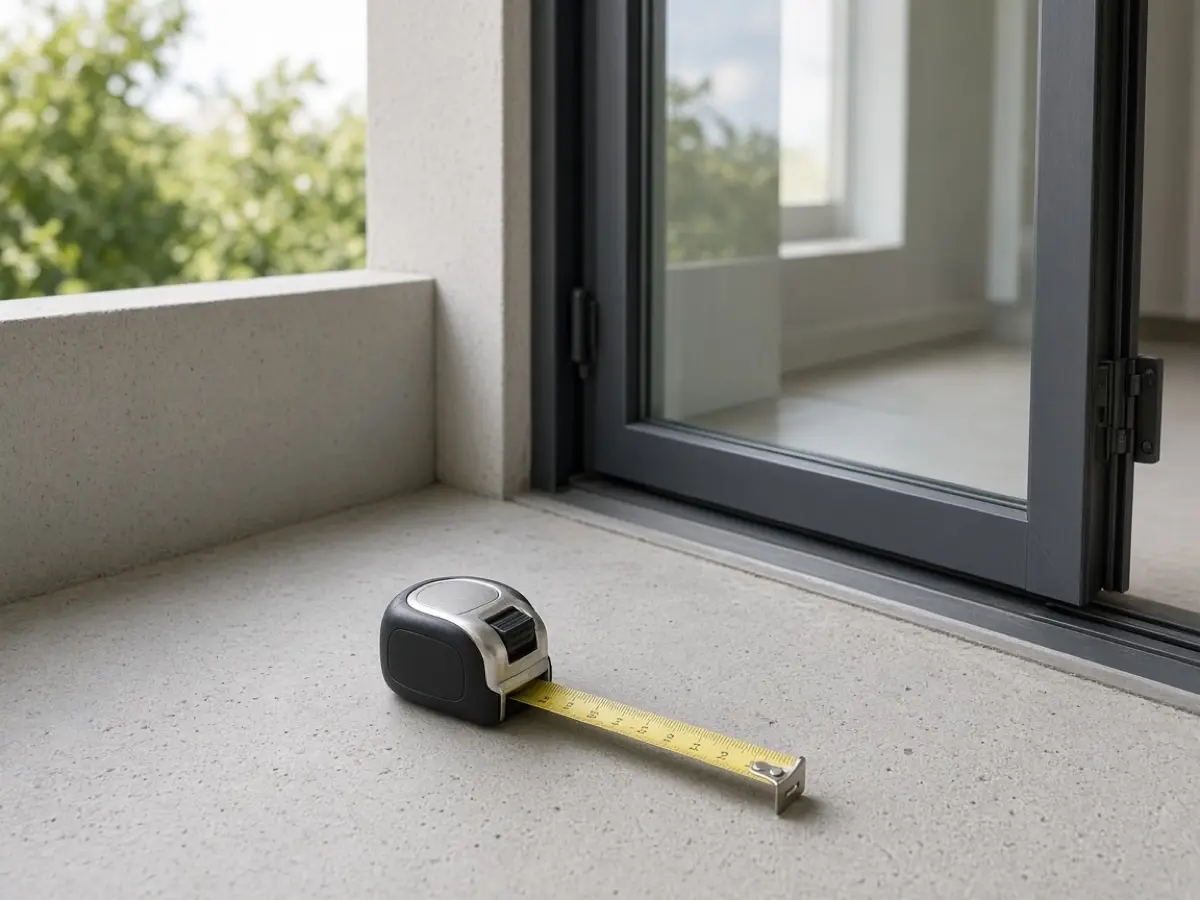 A tape measure on a small balcony floor with the door swung open