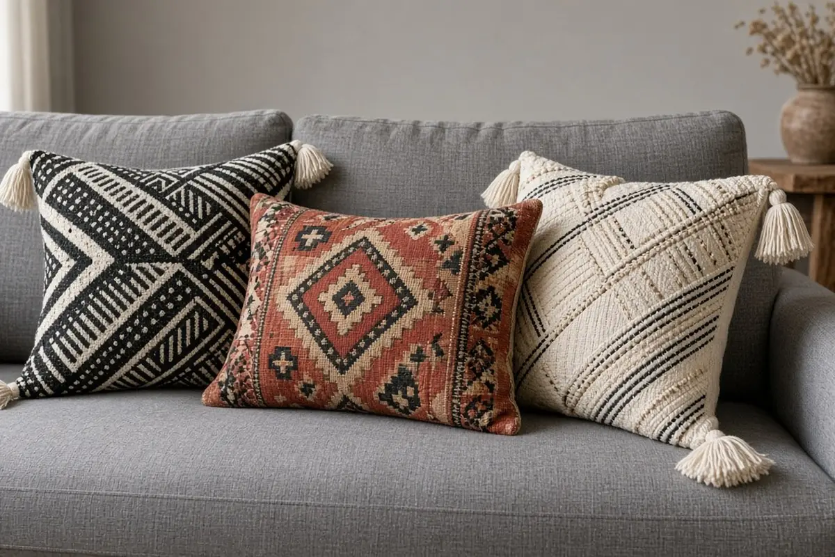 Mixed pattern boho pillows on a gray couch