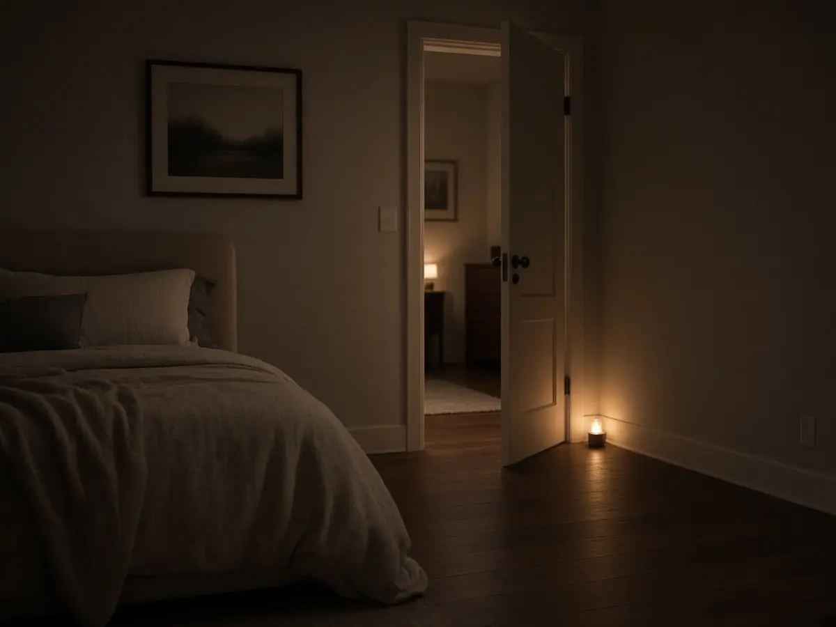 A clear path from a guest bed to the door, with a small night light