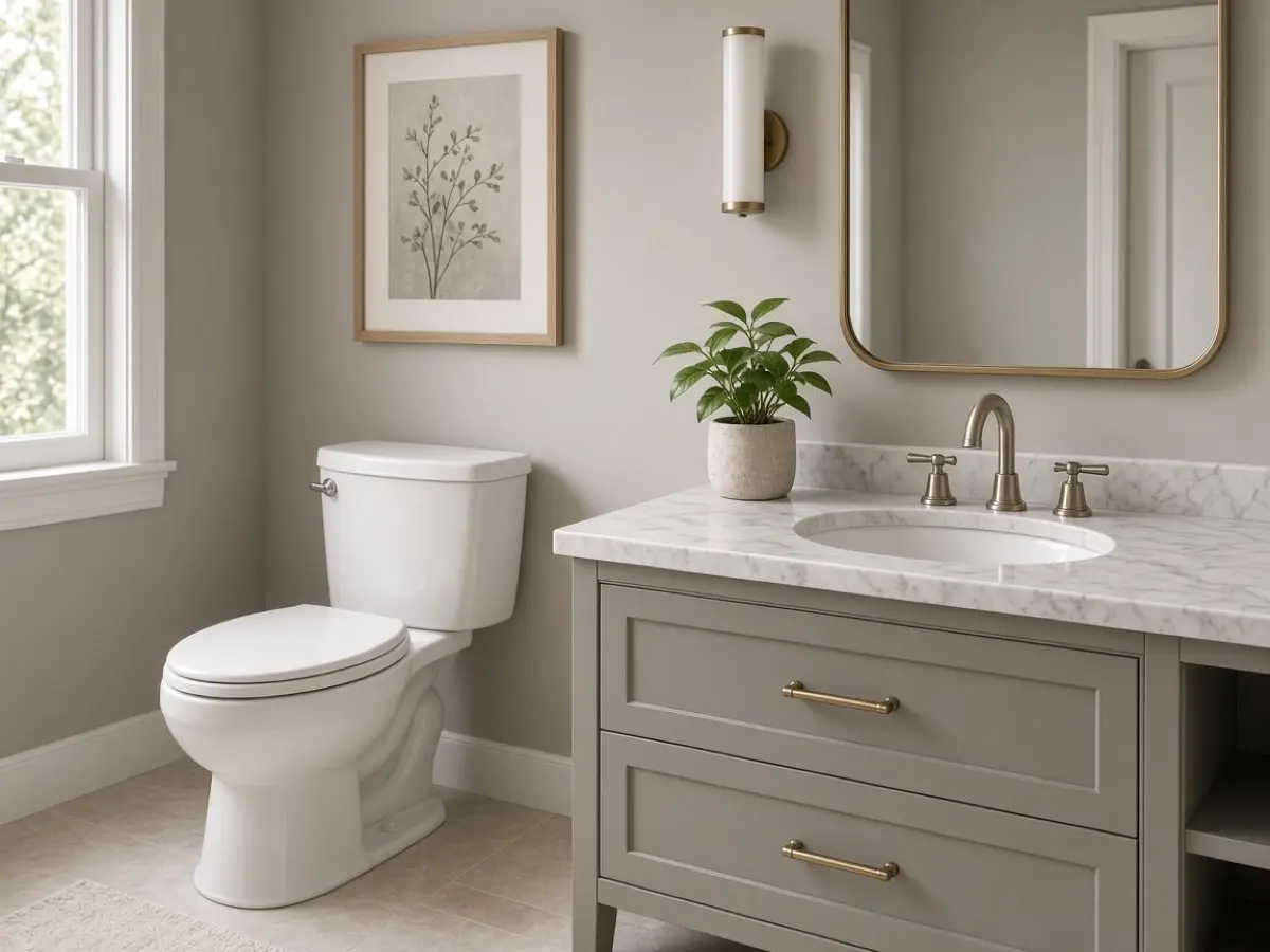 A clear powder room tank with a small plant on the sink