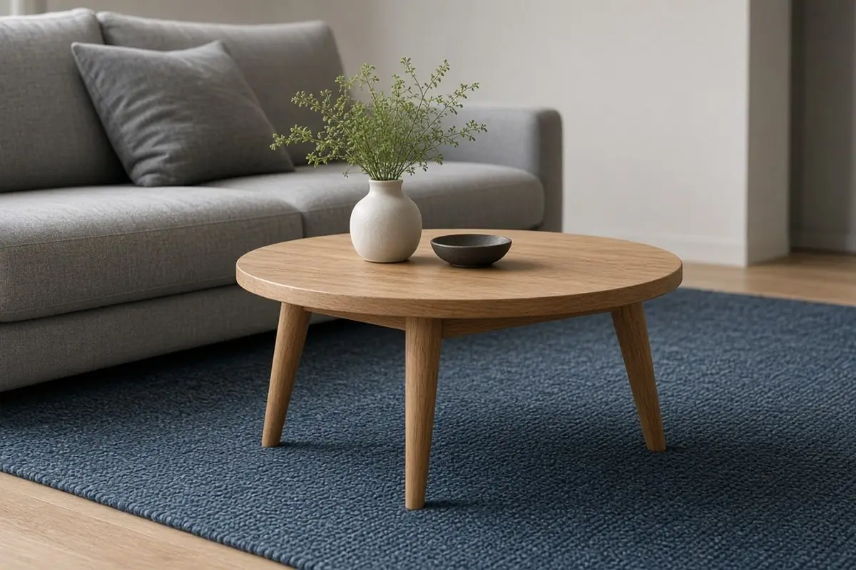 Round oak coffee table between a gray sofa and a blue rug