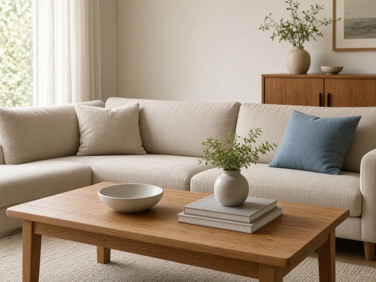 A honey oak coffee table in front of a beige sofa with a blue pillow