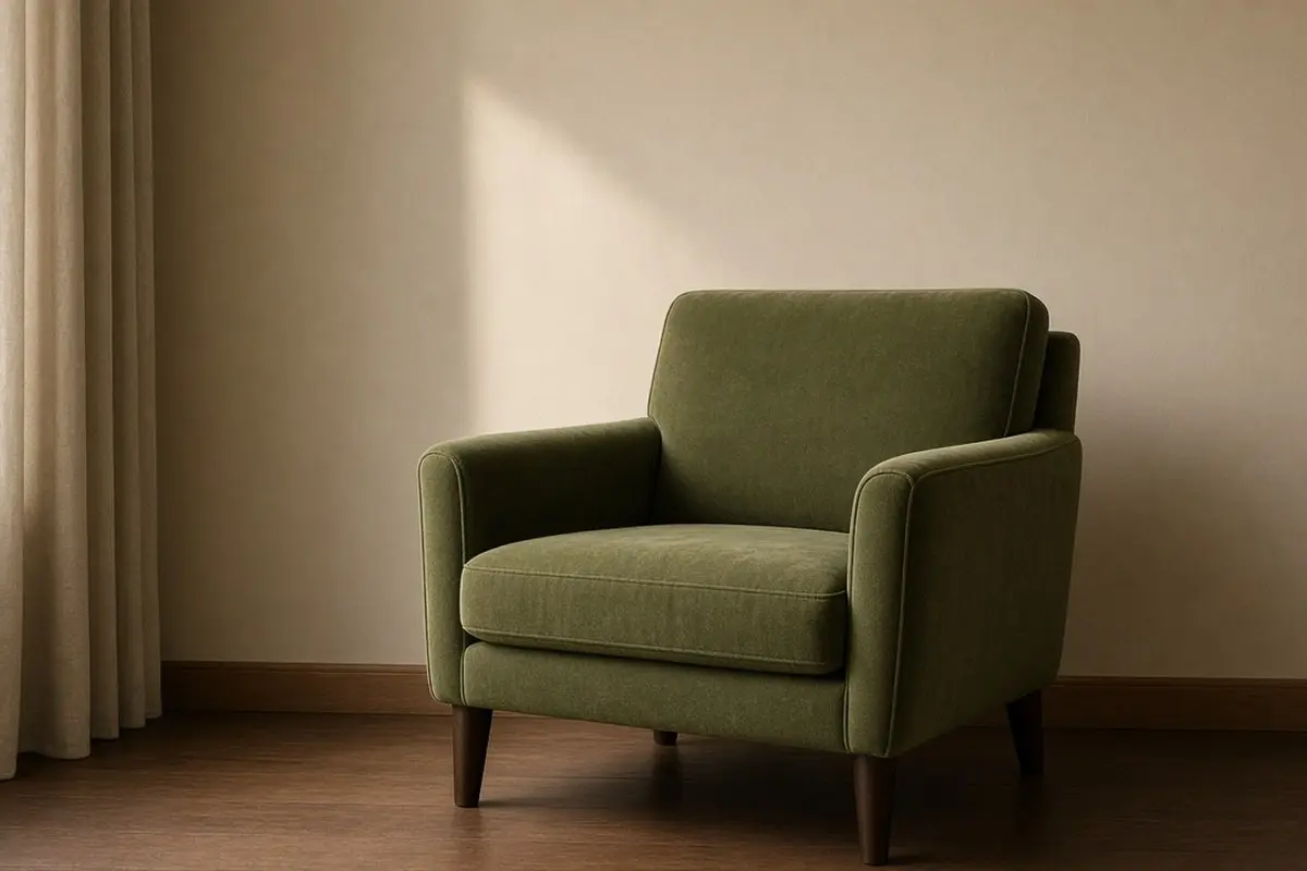 Olive green armchair beside a beige wall