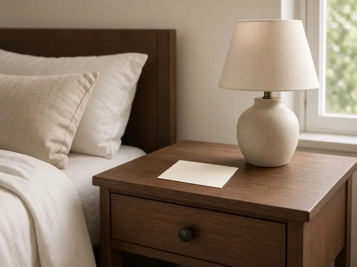 A small blank card on a nightstand next to a lamp