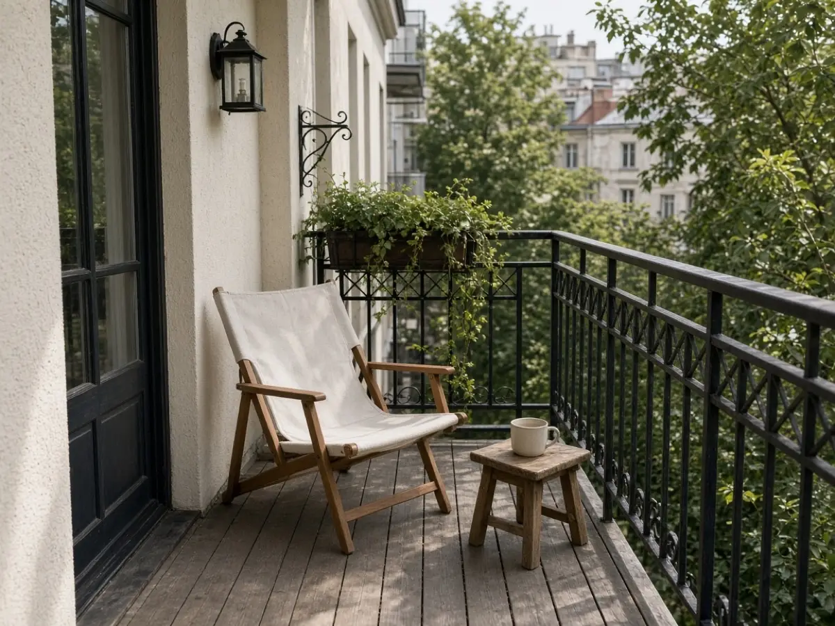 One chair and a small stool for a cup on a very narrow balcony