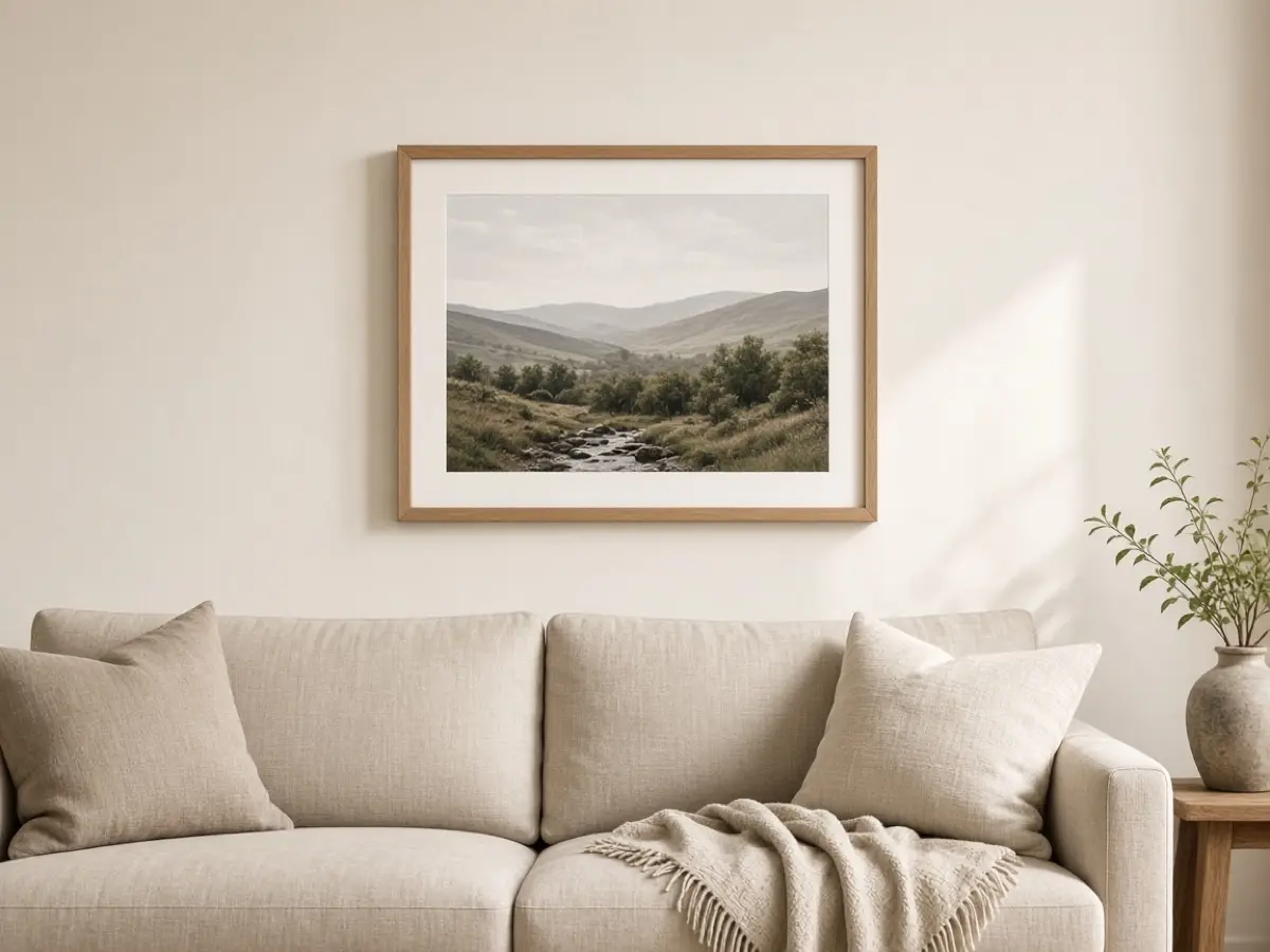 One framed print hung level on a cream wall above a sofa