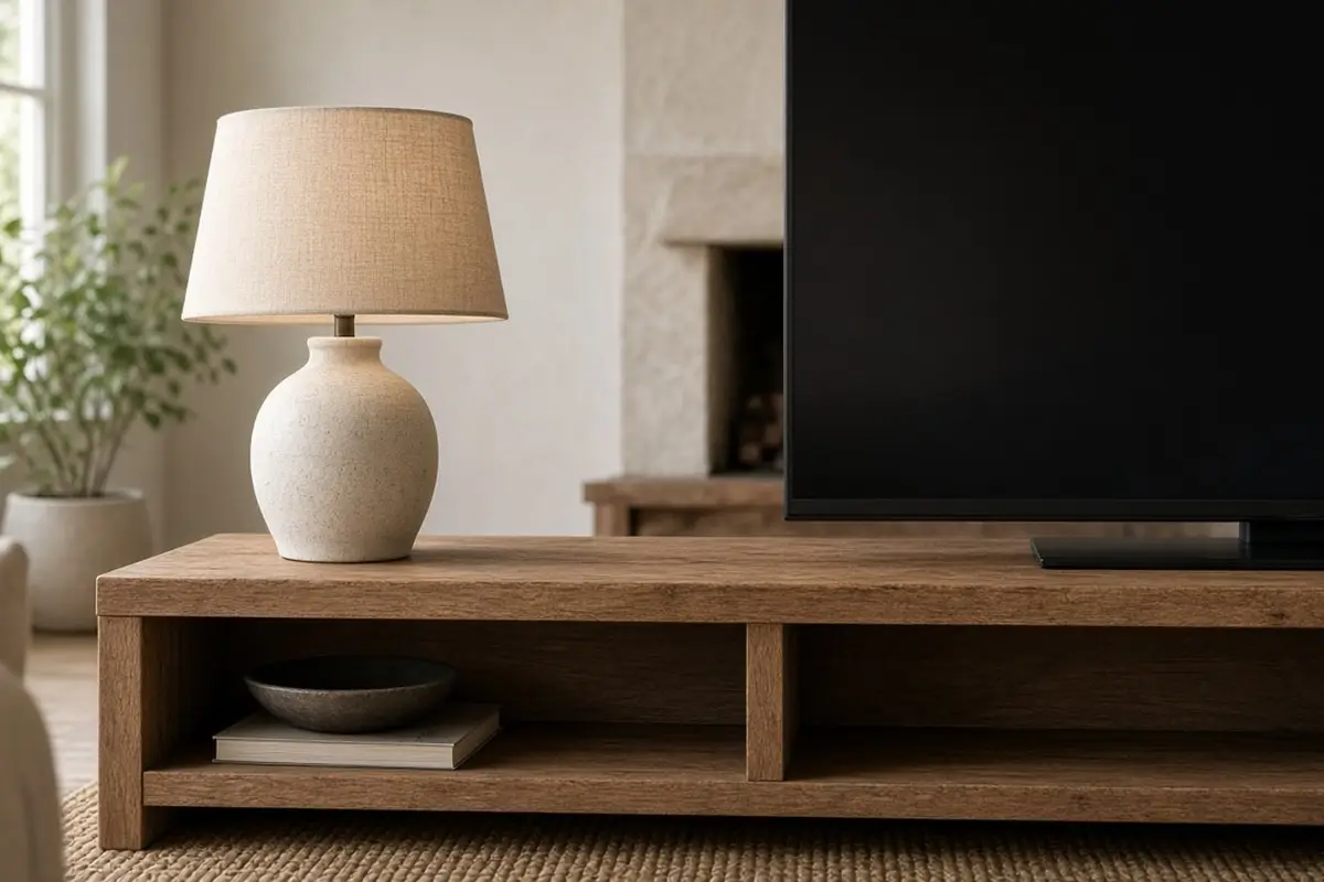 Small ceramic lamp on one end of a TV stand
