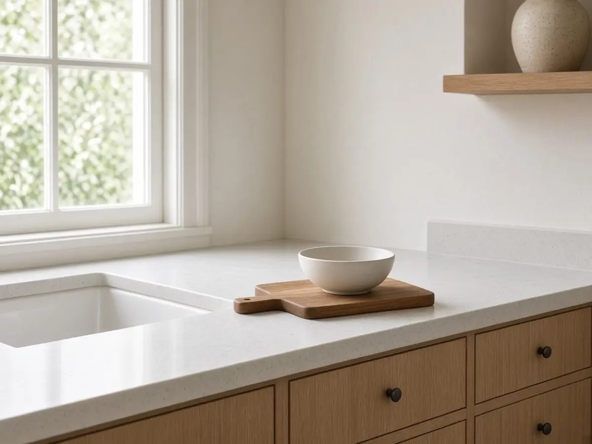 A small cutting board and a bowl on an otherwise clear tiny-kitchen counter