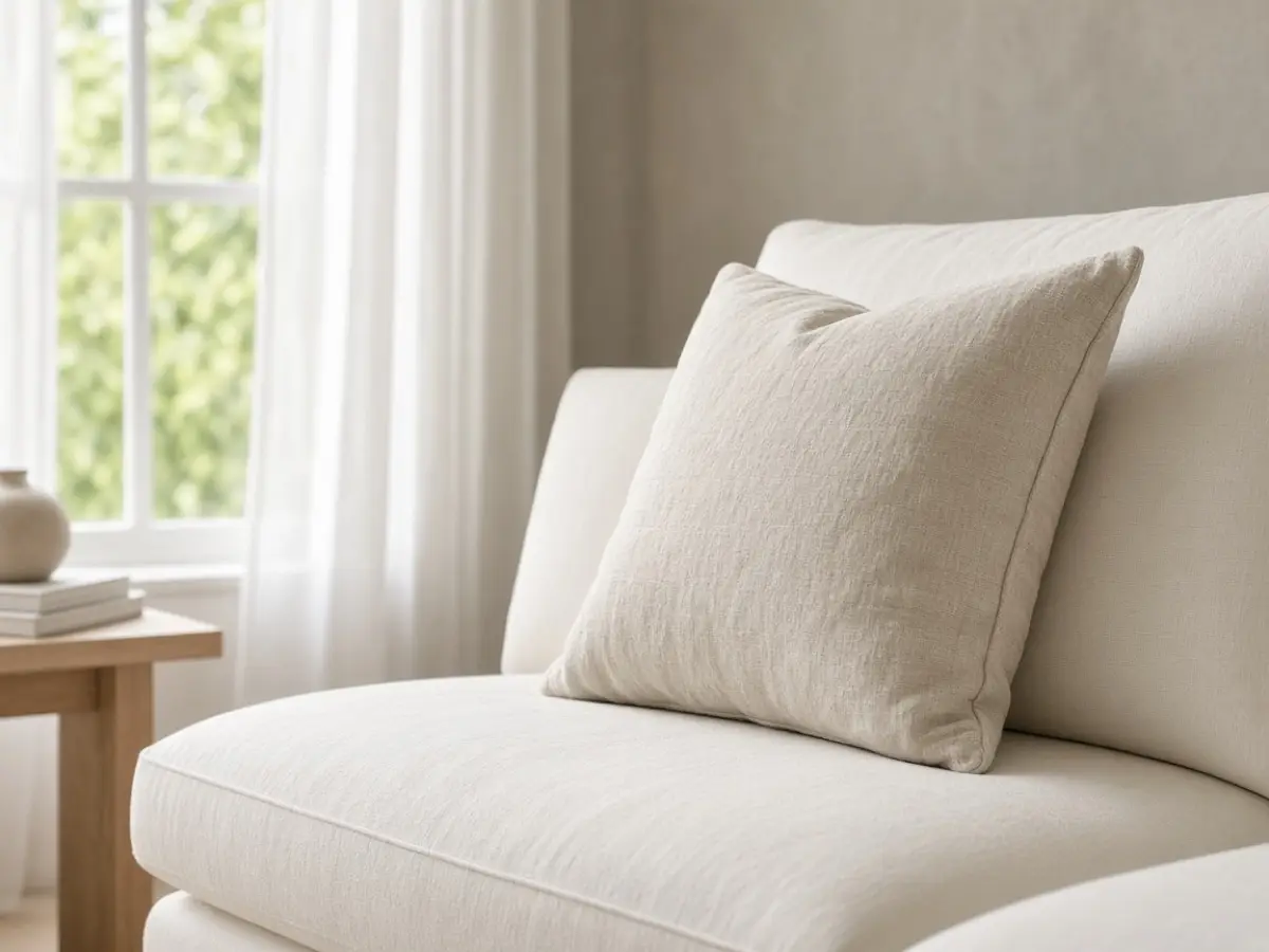 A single solid linen pillow on a cream sofa, no extra pillow set