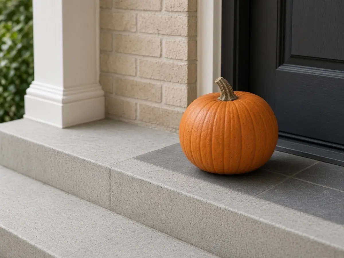 One medium pumpkin beside a front door, the step left clear