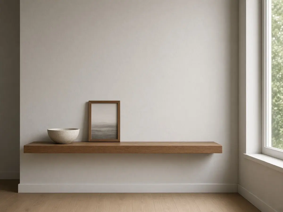 A narrow wood shelf with one bowl and one frame, the rest empty