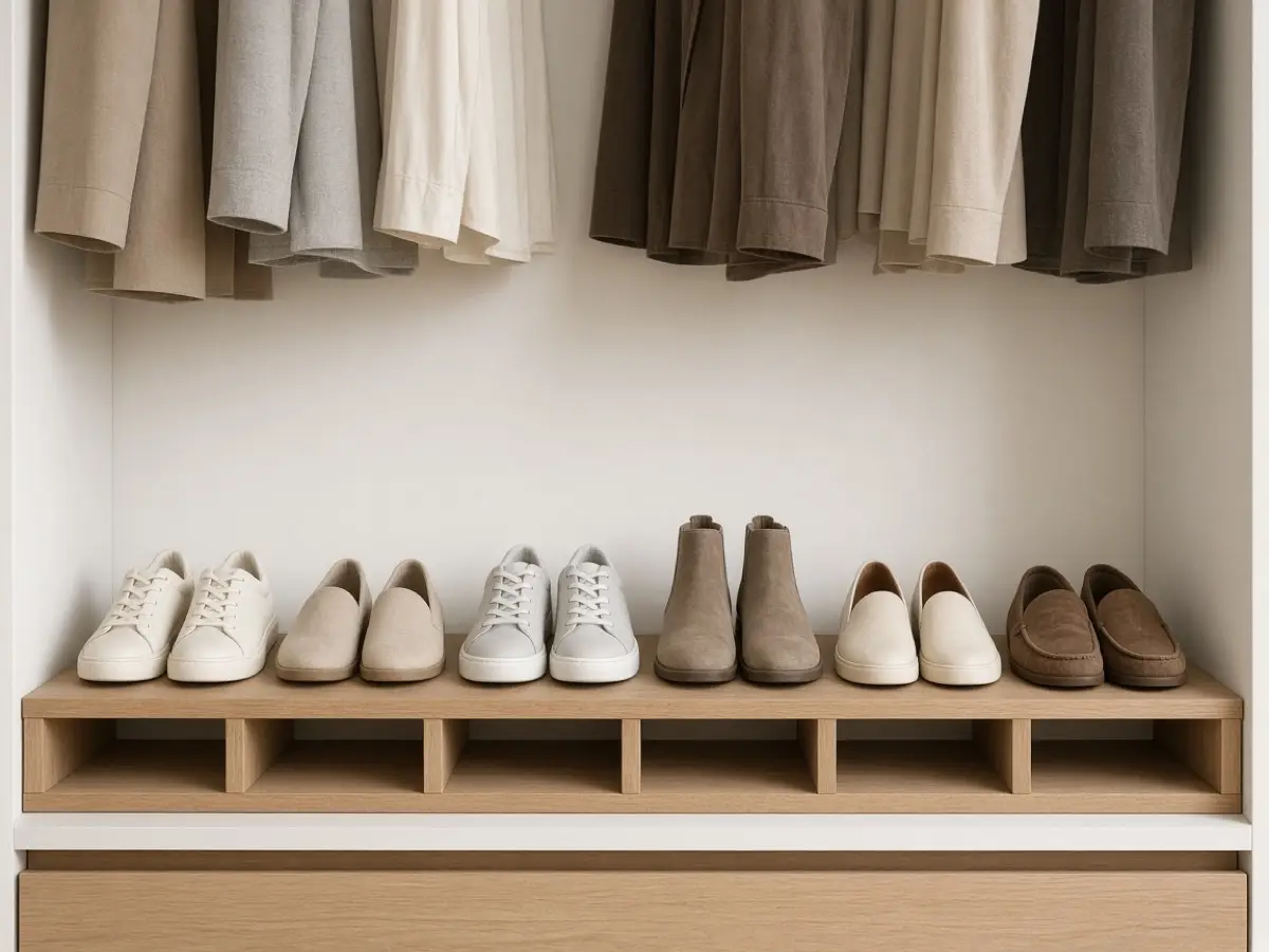 One row of shoes on a low rack inside a bedroom closet