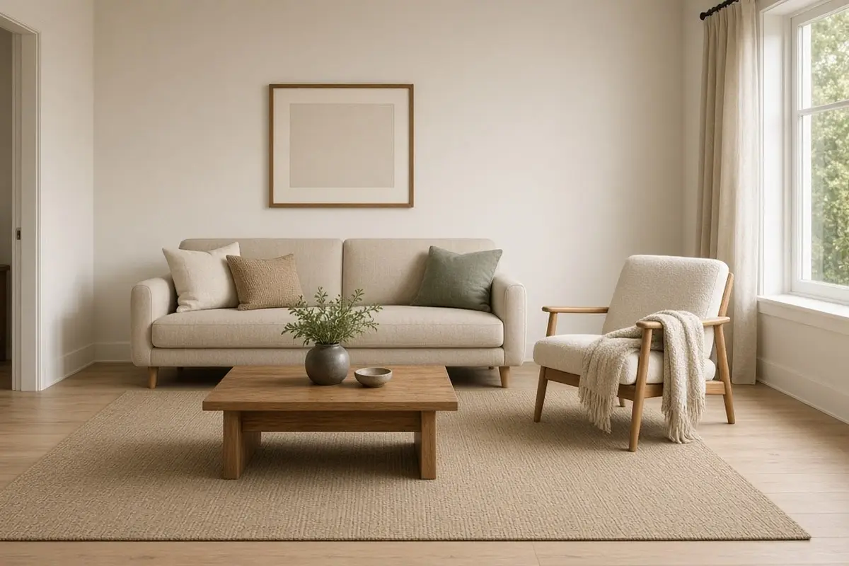 A single 5x8 rug holding the sofa and chair together