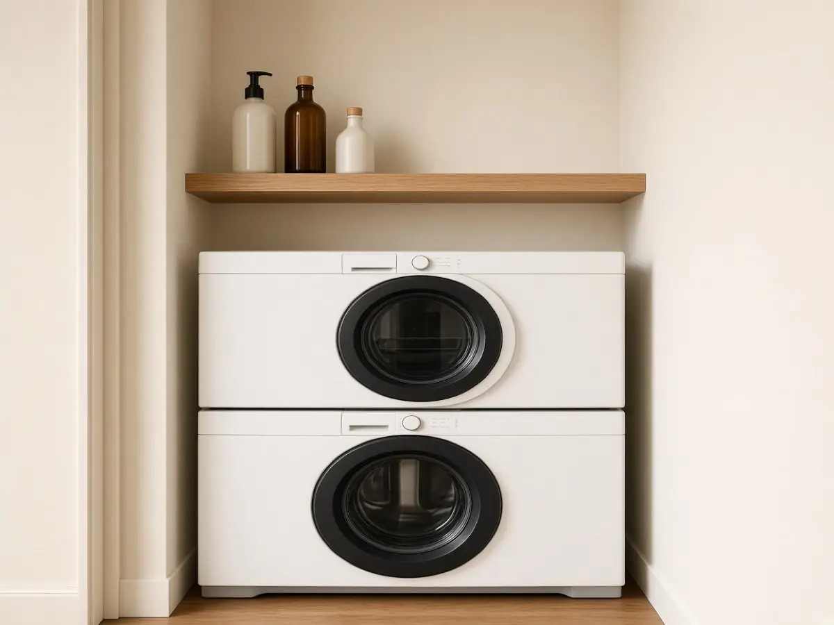 One shallow wood shelf above a stacked washer and dryer in a narrow nook