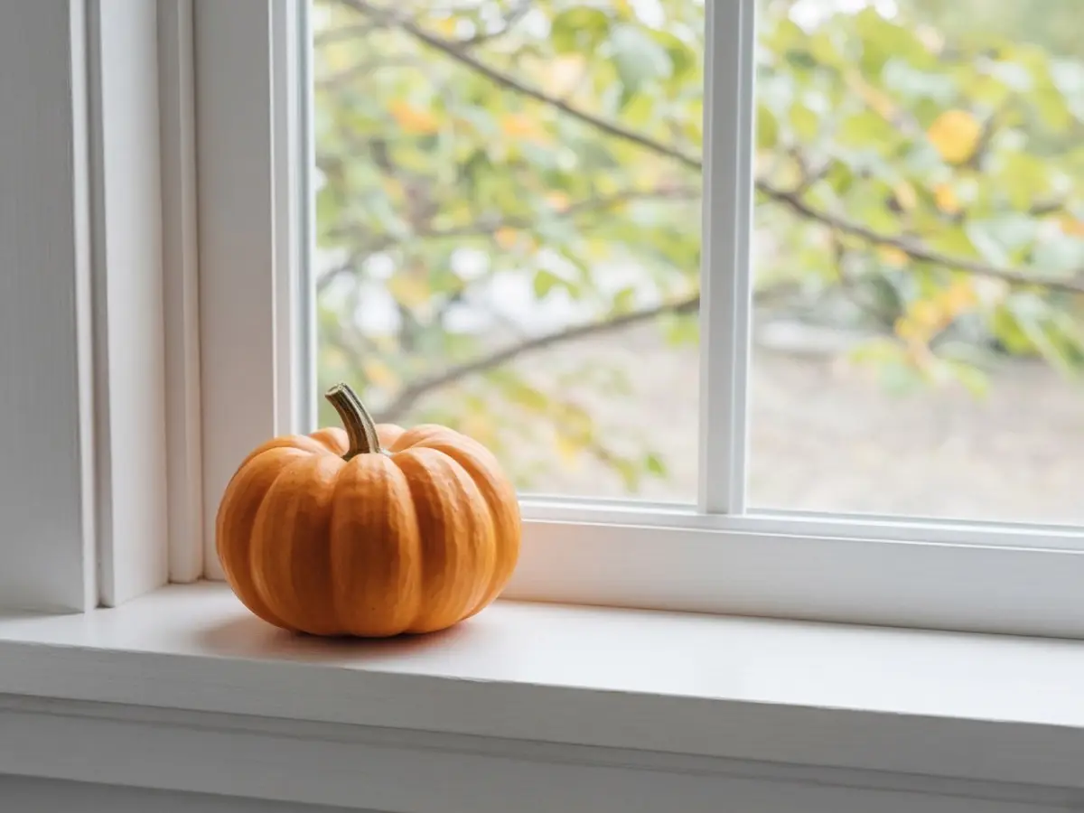 One pumpkin on a clean windowsill with the rest of the glass clear