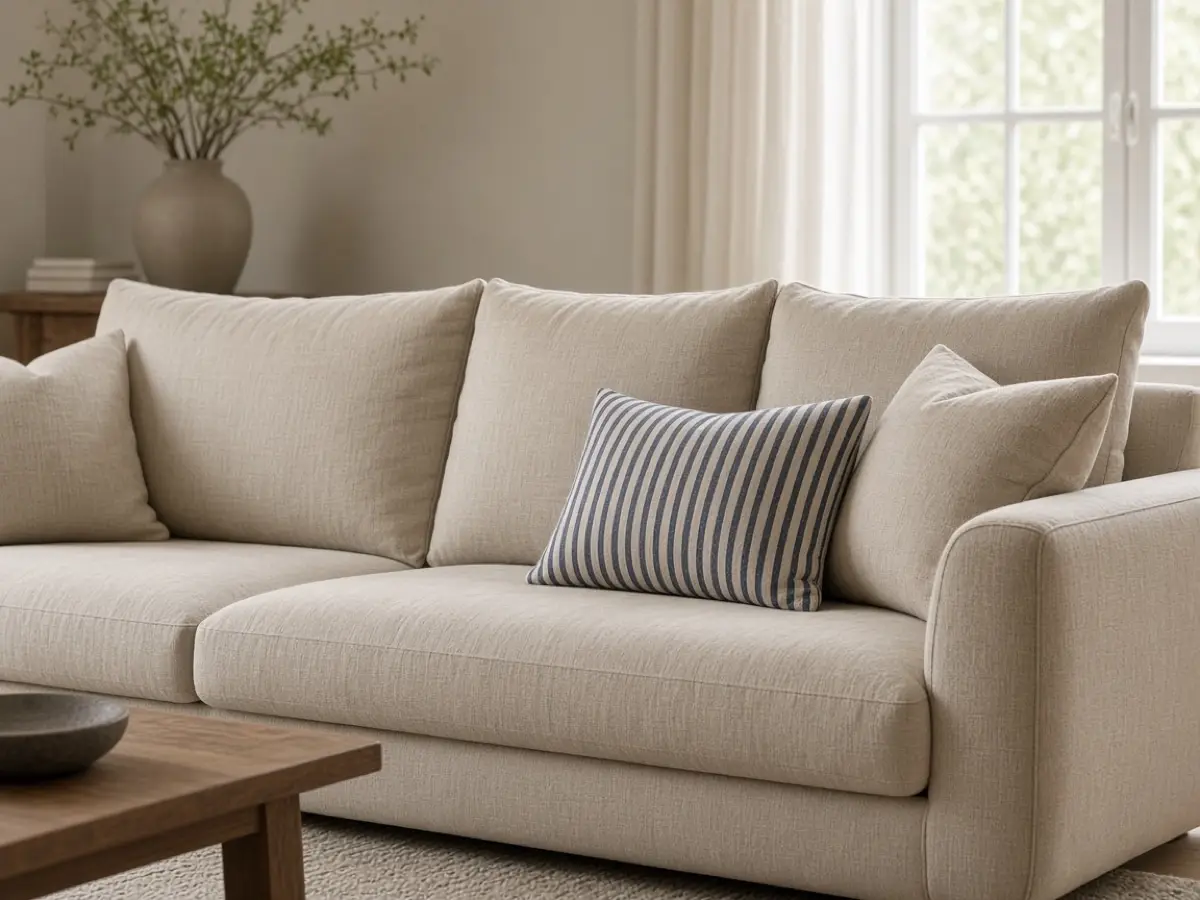 One thin-striped pillow among solid beige cushions, not a stripe set