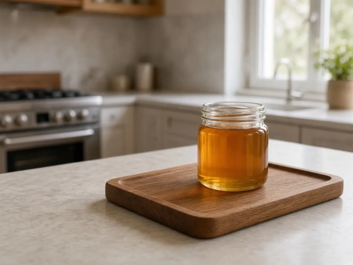 A small honey jar on a tea tray, with the sugar put away