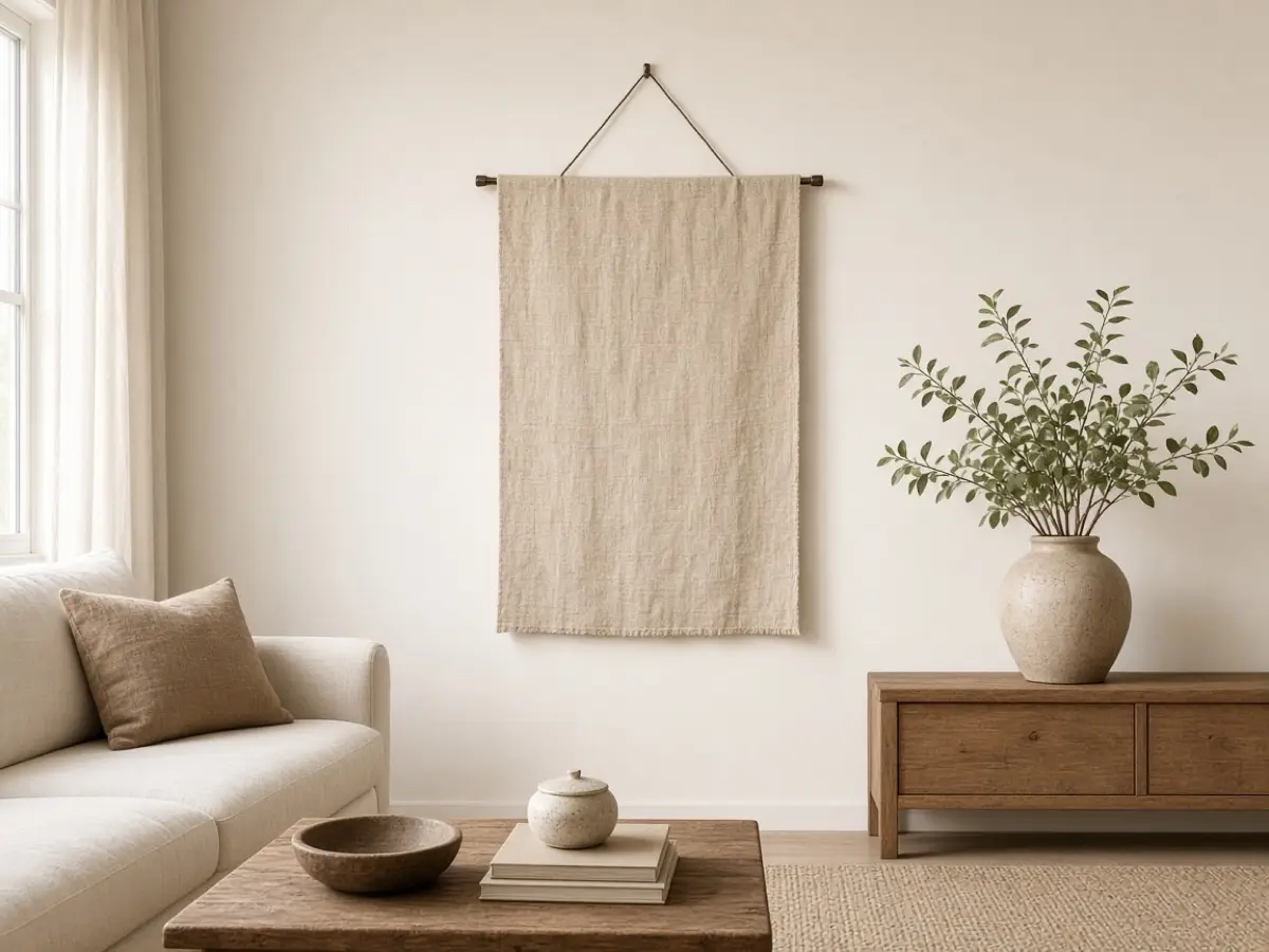 One linen textile hung from a slim rod on a living room wall
