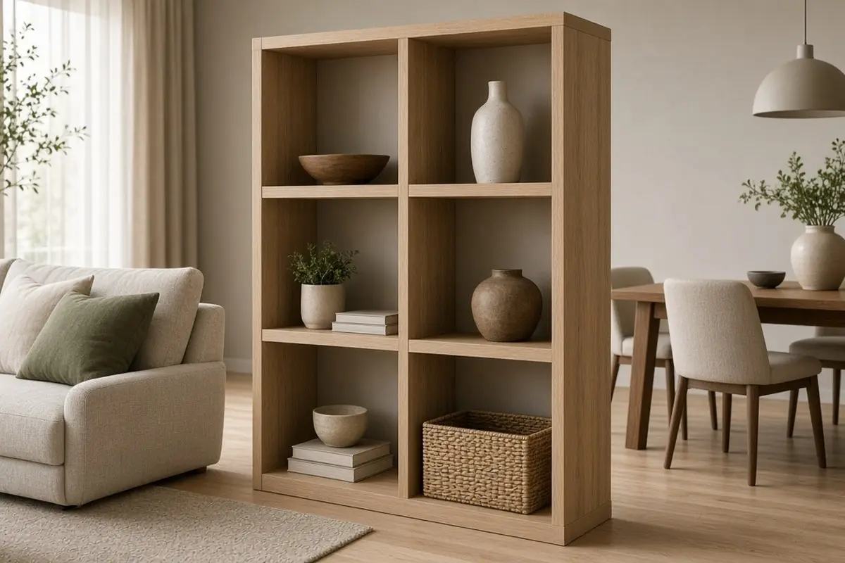 Open cube bookcase separating a sofa from a dining table