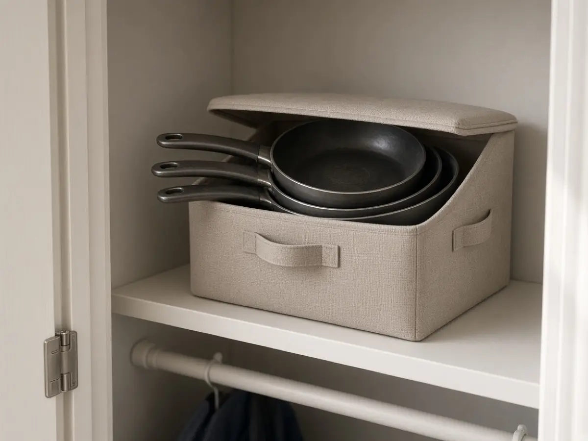 A lidded bin of extra pans stored in a hall closet, not the kitchen