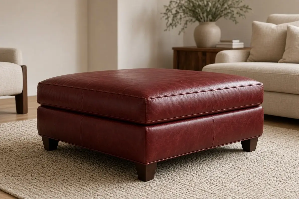 Oxblood ottoman on a cream rug in a beige living room