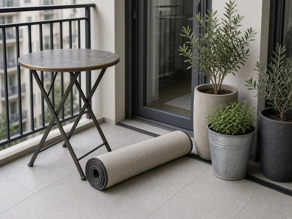 A folded table, a rolled rug, and pots lined up ready to come inside