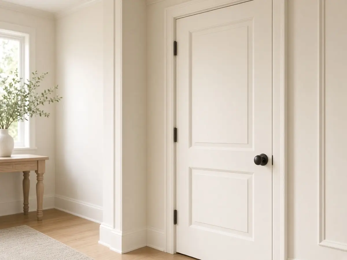 A freshly painted interior door in a warm white, hinges still on