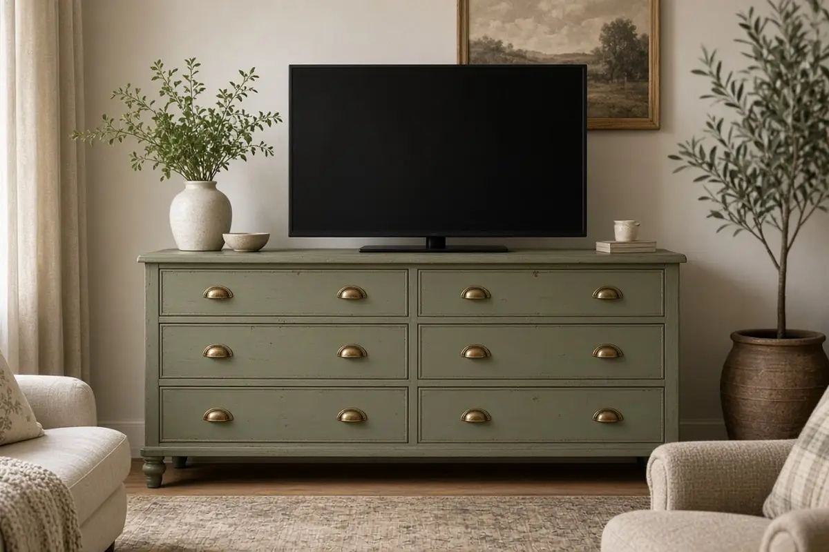Painted vintage dresser holding a TV in a cozy living room