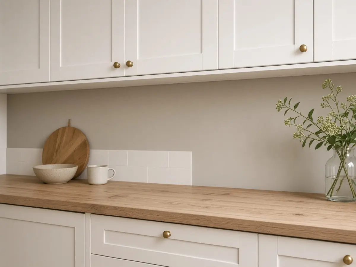 A warm greige paint band between white cabinets and an oak counter in daylight