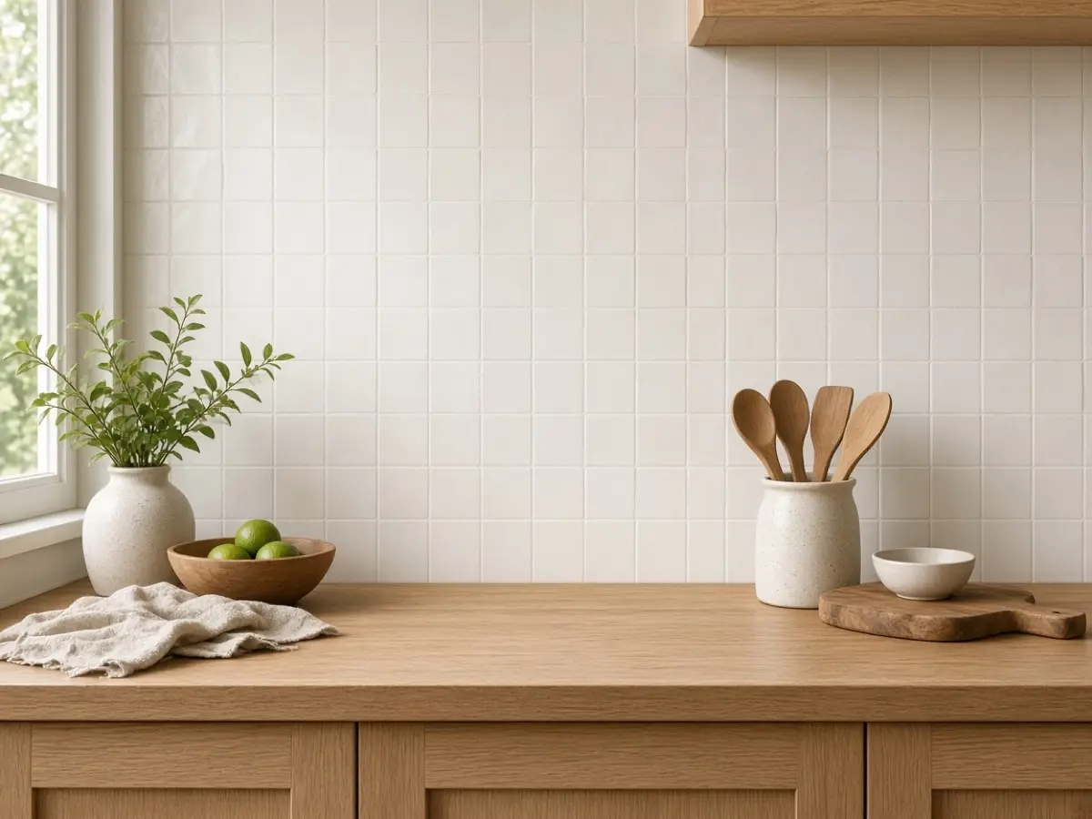 Existing square kitchen tile painted a soft white, with clean grout lines still visible