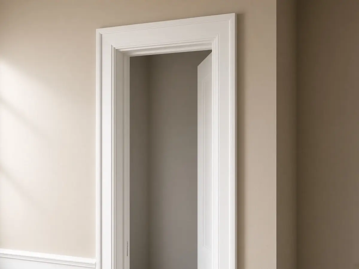 Freshly painted white door casing against a newly painted wall