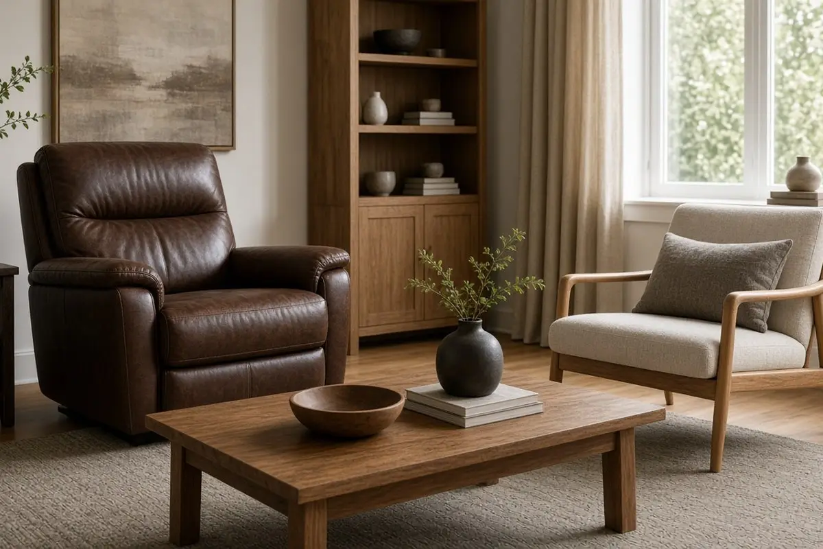 Leather recliner across from a lighter wood-framed armchair