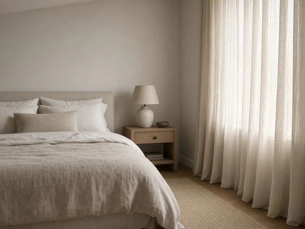 Pale oat walls meeting a linen curtain in a street-facing bedroom